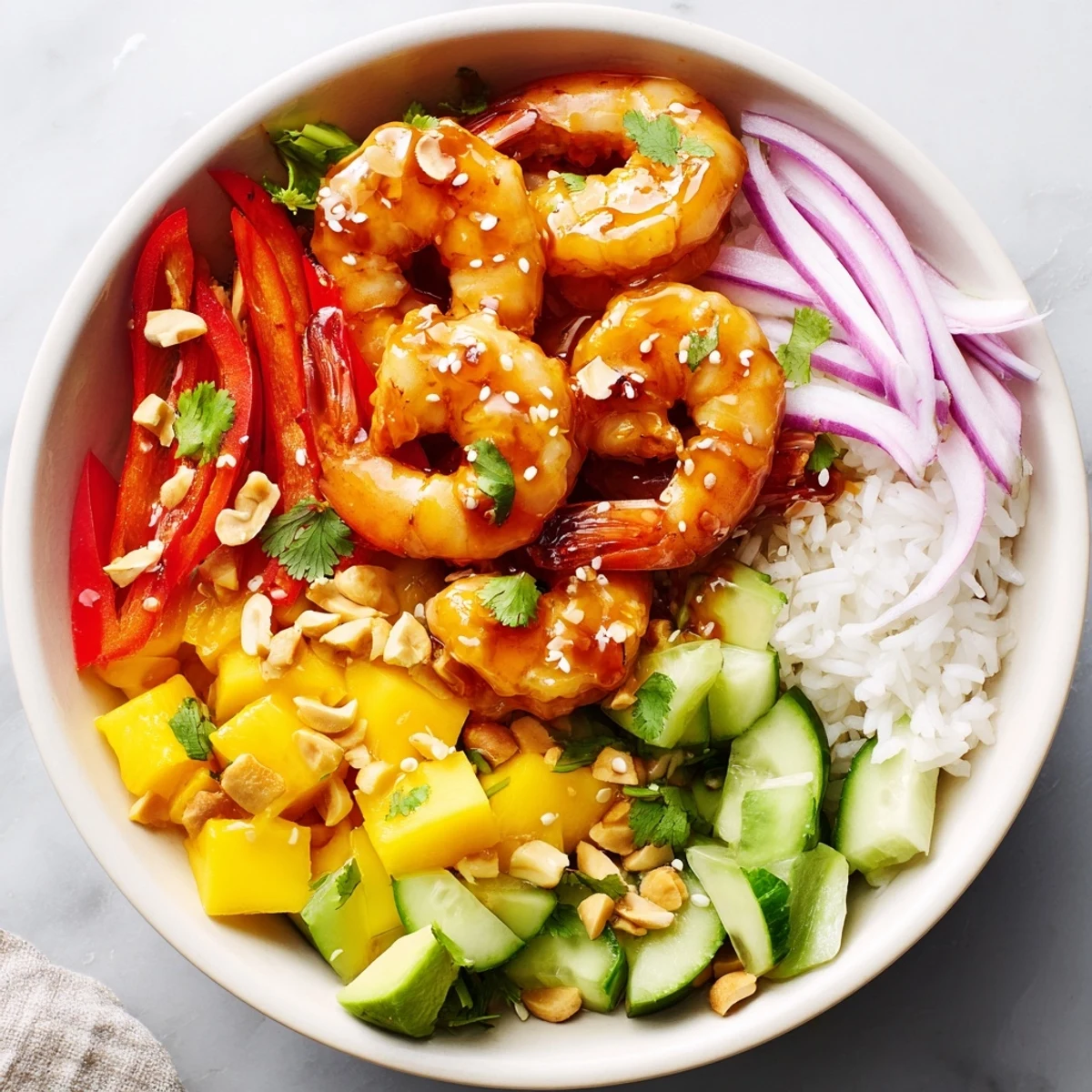 Vibrant sweet chili mango shrimp bowl featuring pink glazed shrimp fresh mango and cilantro
