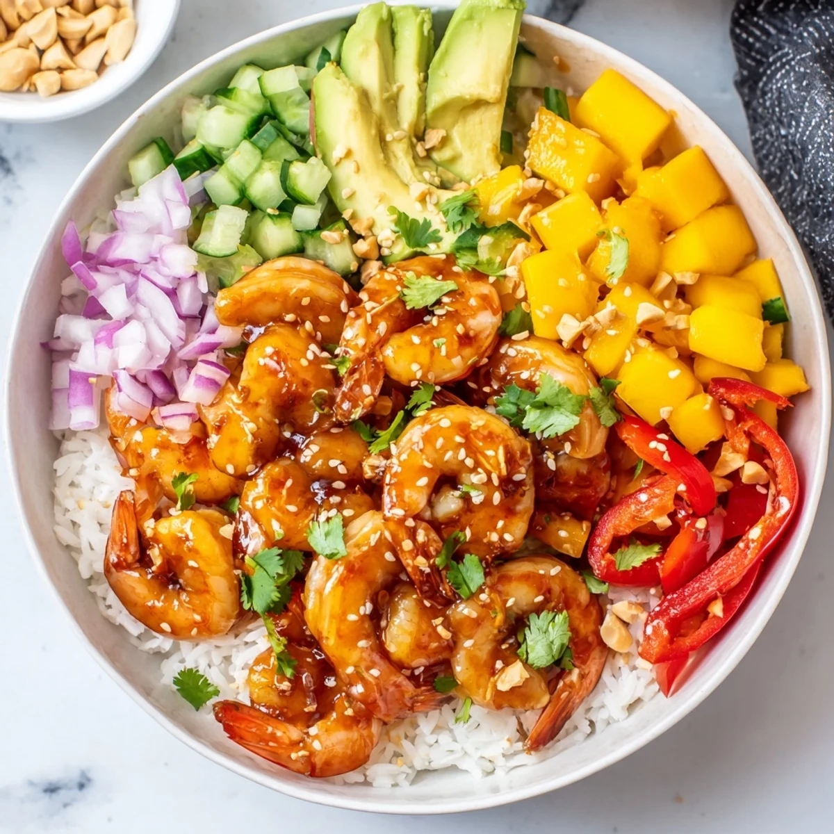 Sweet chili mango shrimp bowl topped with sliced avocado roasted peanuts and lime