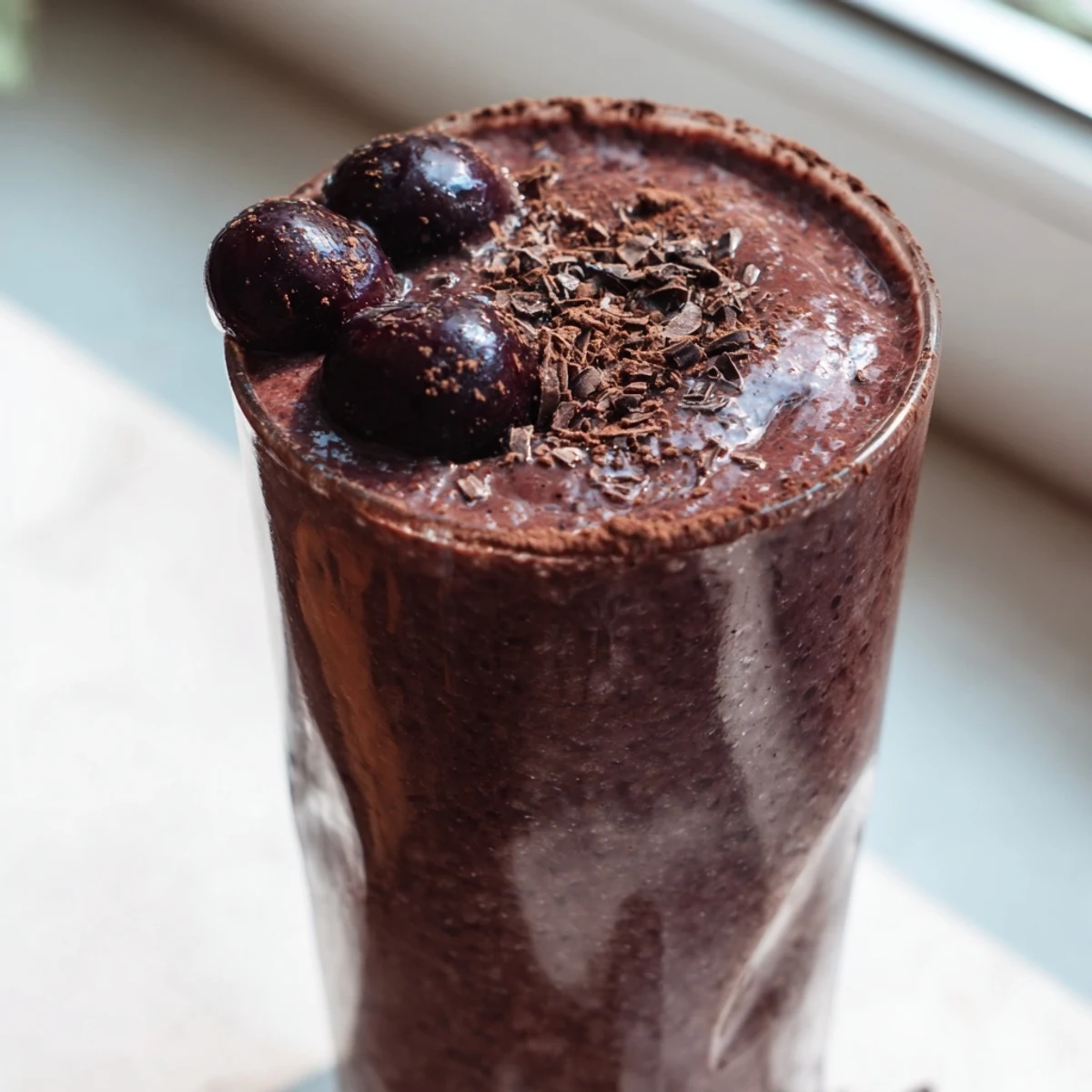 Creamy chocolate cherry protein shake swirled with cocoa and served ice-cold