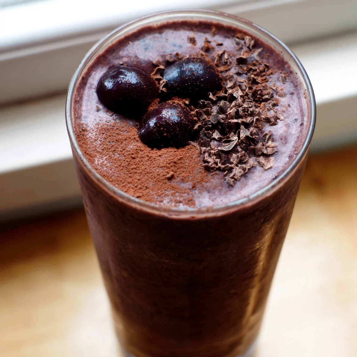 Thick chocolate cherry protein shake topped with fresh cherries in a tall glass