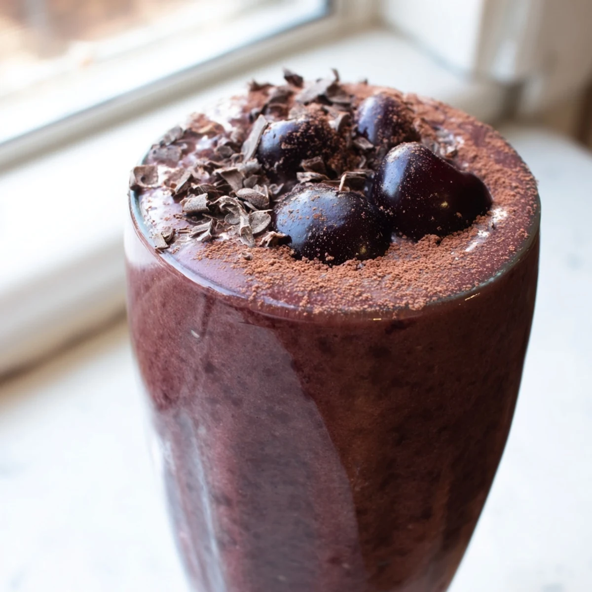 Rich chocolate cherry protein shake garnished with dark chocolate shavings and ripe cherries