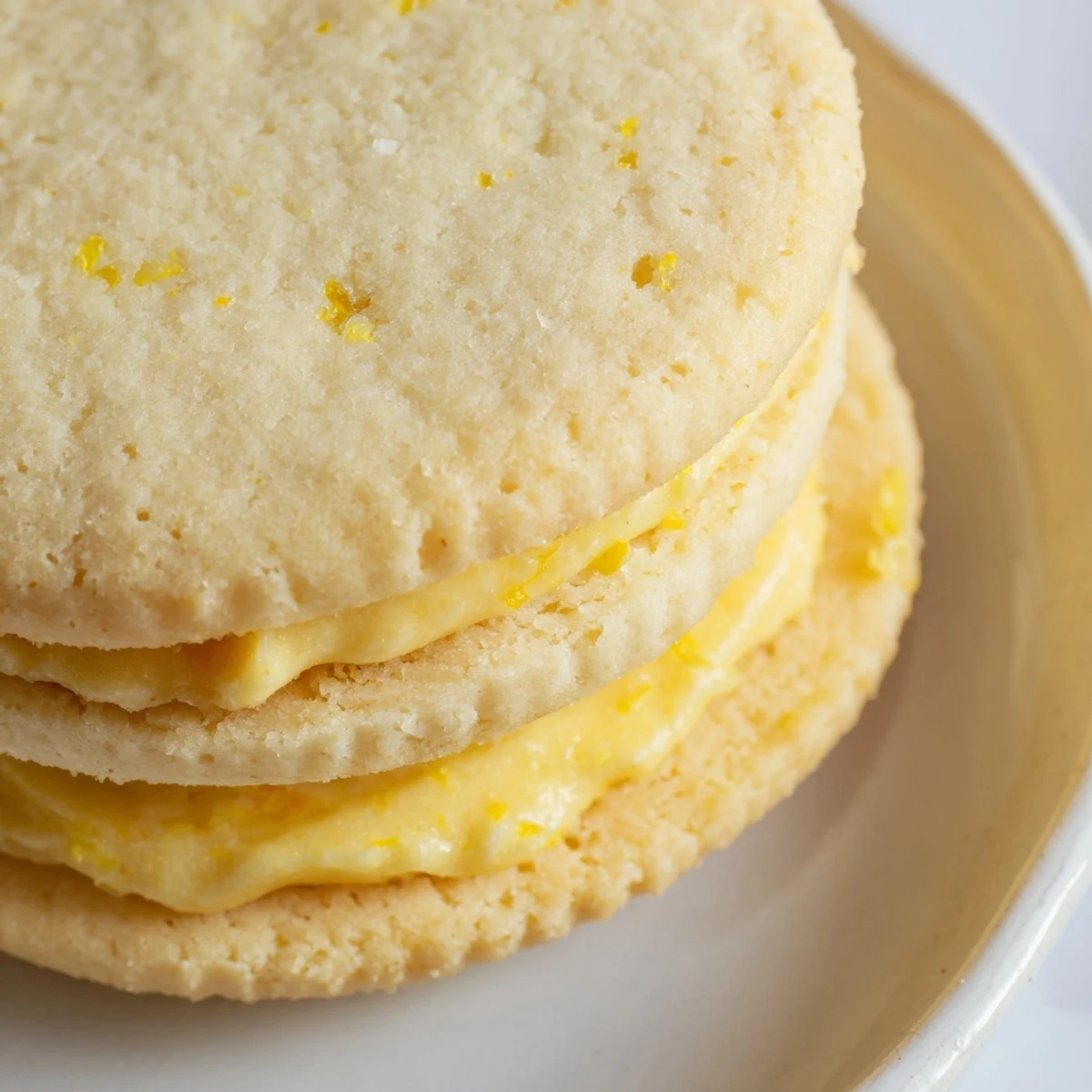 Golden vegan lemon sandwich cookies with creamy citrus filling on a rustic plate