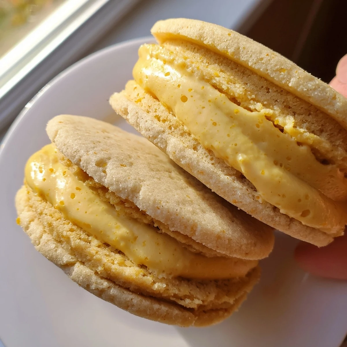 Close-up of vegan lemon sandwich cookies showing bright yellow filling between tender rounds