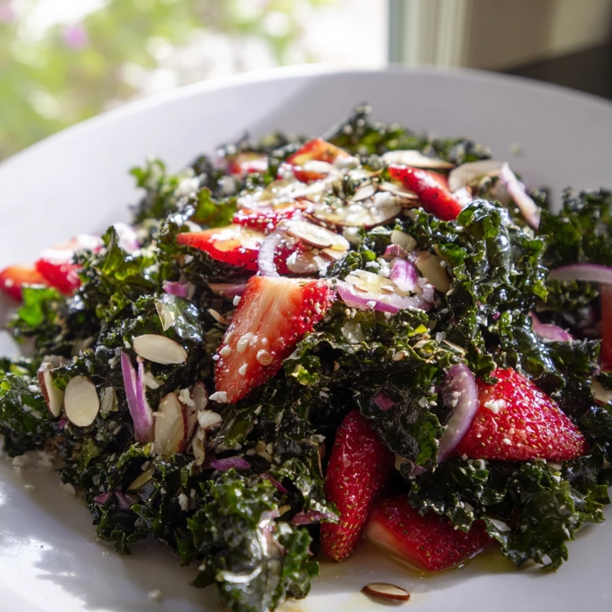 Crisp strawberry kale salad with honey lemon dressing topped with toasted almonds and feta