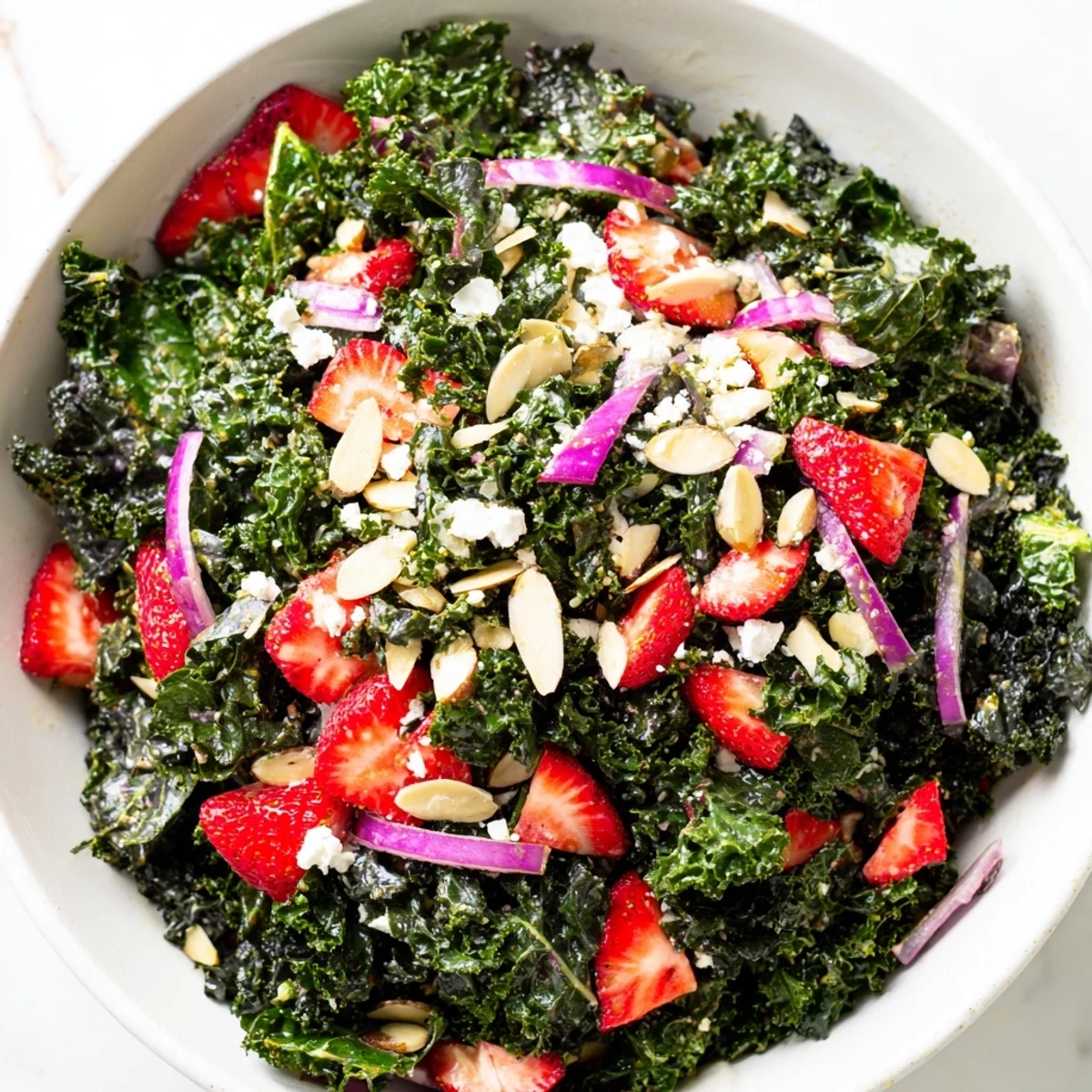 Vibrant strawberry kale salad drizzled with honey lemon dressing and scattered red onion slices