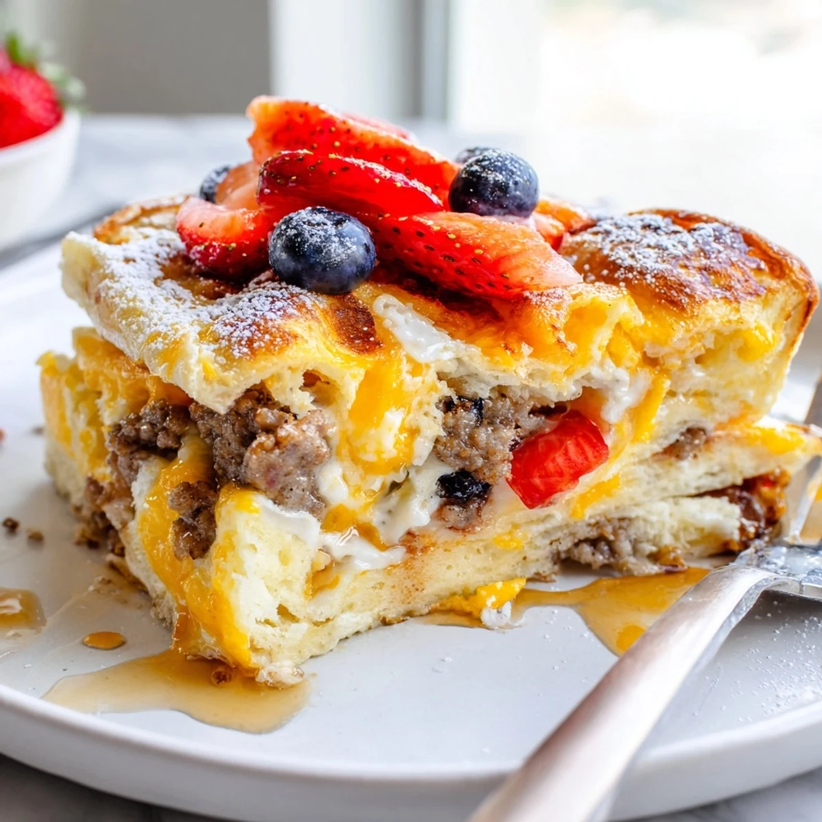 Golden overnight pancake breakfast bake fresh from the oven with melted cheddar