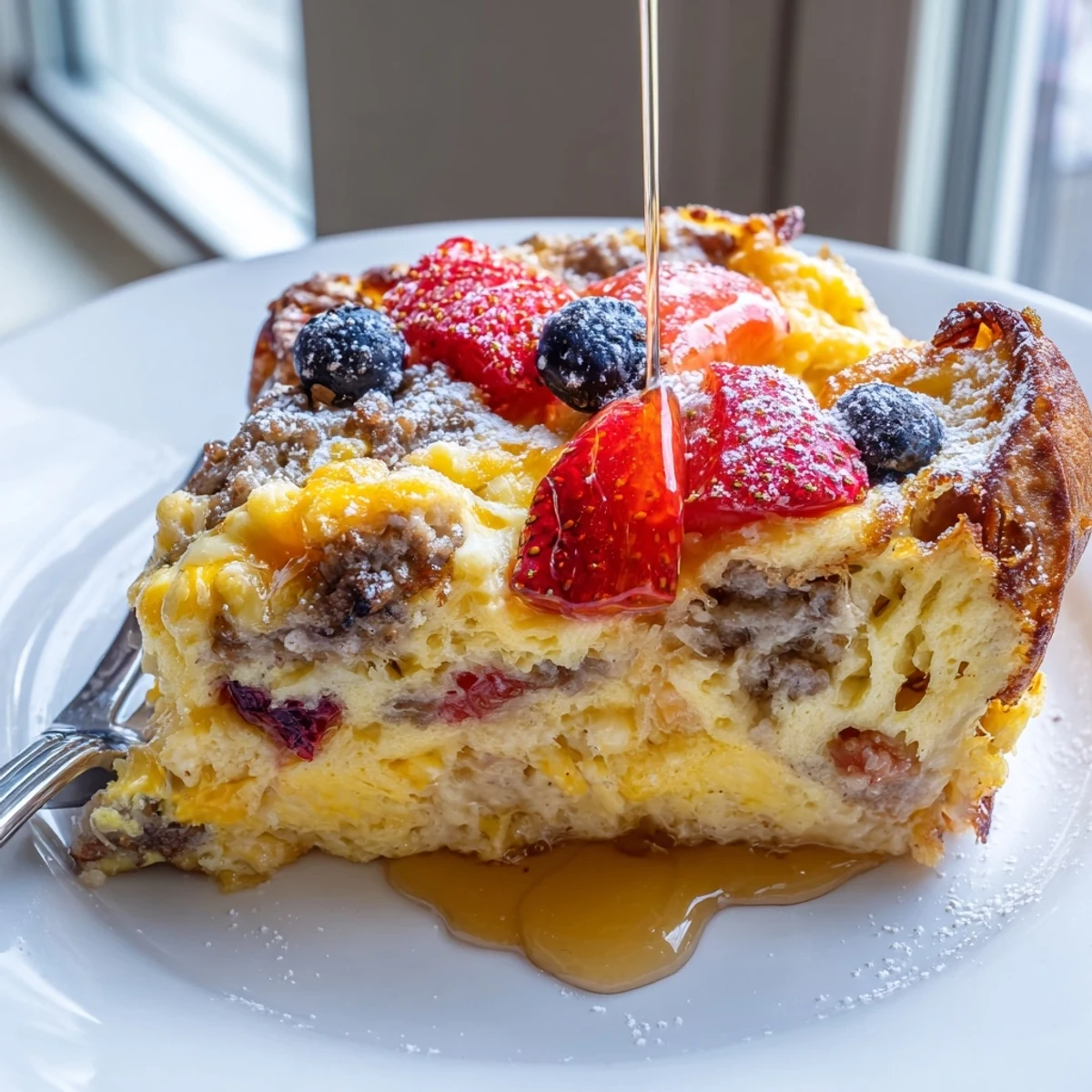 Puffed overnight pancake breakfast bake drizzled with maple syrup on a white plate