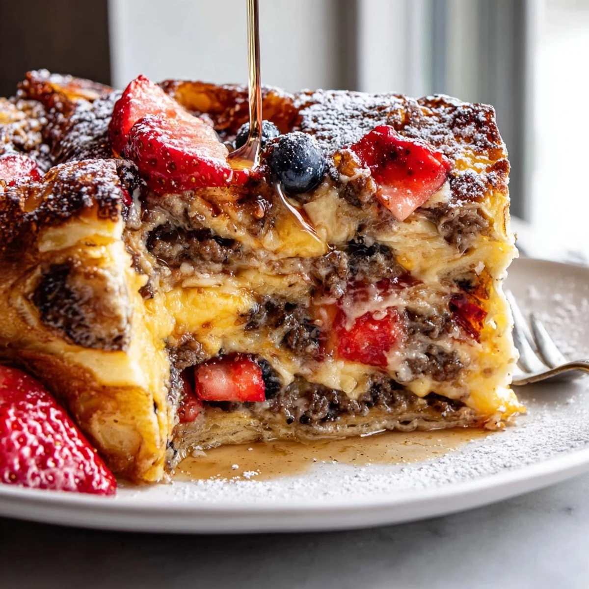 Overnight pancake breakfast bake sliced into squares topped with powdered sugar and berries