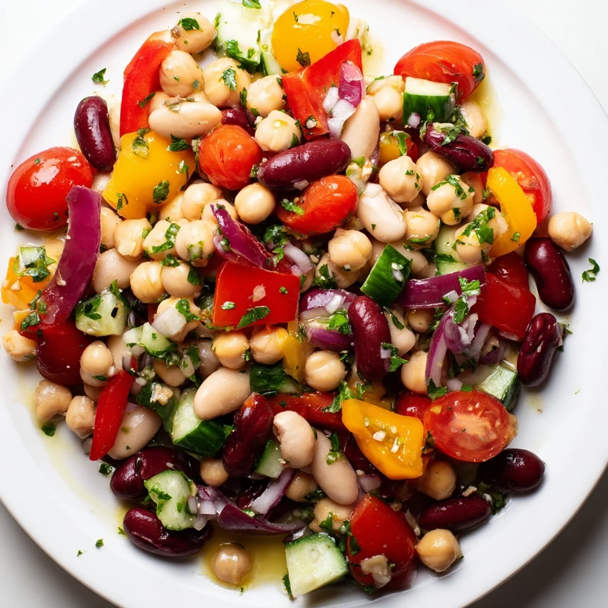Colorful Italian bean salad tossed with crisp peppers, juicy tomatoes, and herbs