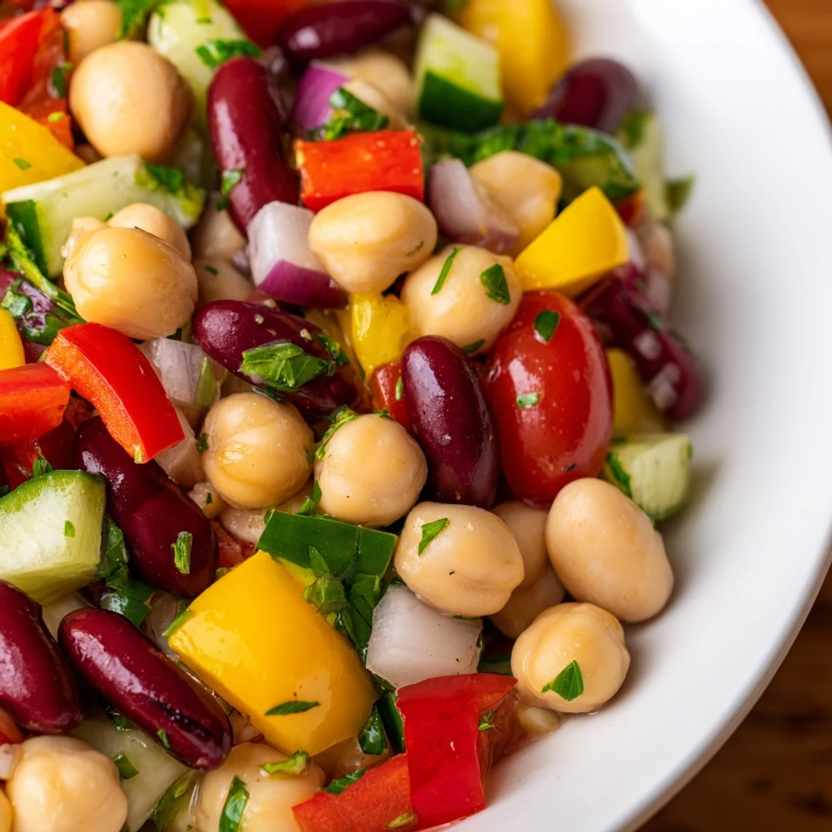 Italian bean salad glistening with zesty vinaigrette in a rustic serving bowl