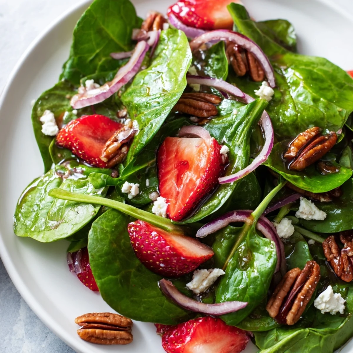Fresh spinach strawberry salad with pecans drizzled with balsamic vinaigrette in a wooden bowl