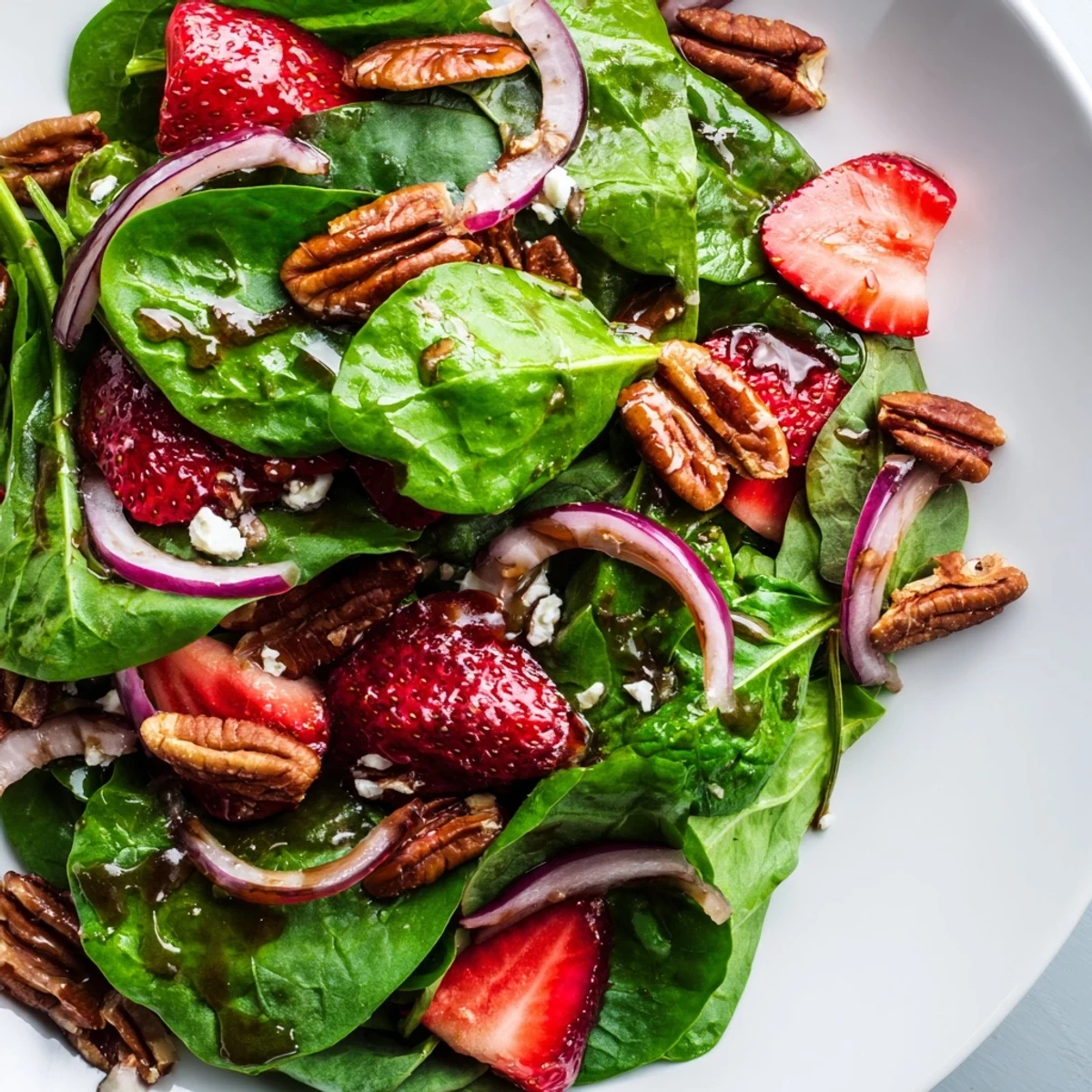 Vibrant spinach strawberry salad with pecans tossed in tangy balsamic dressing ready to serve