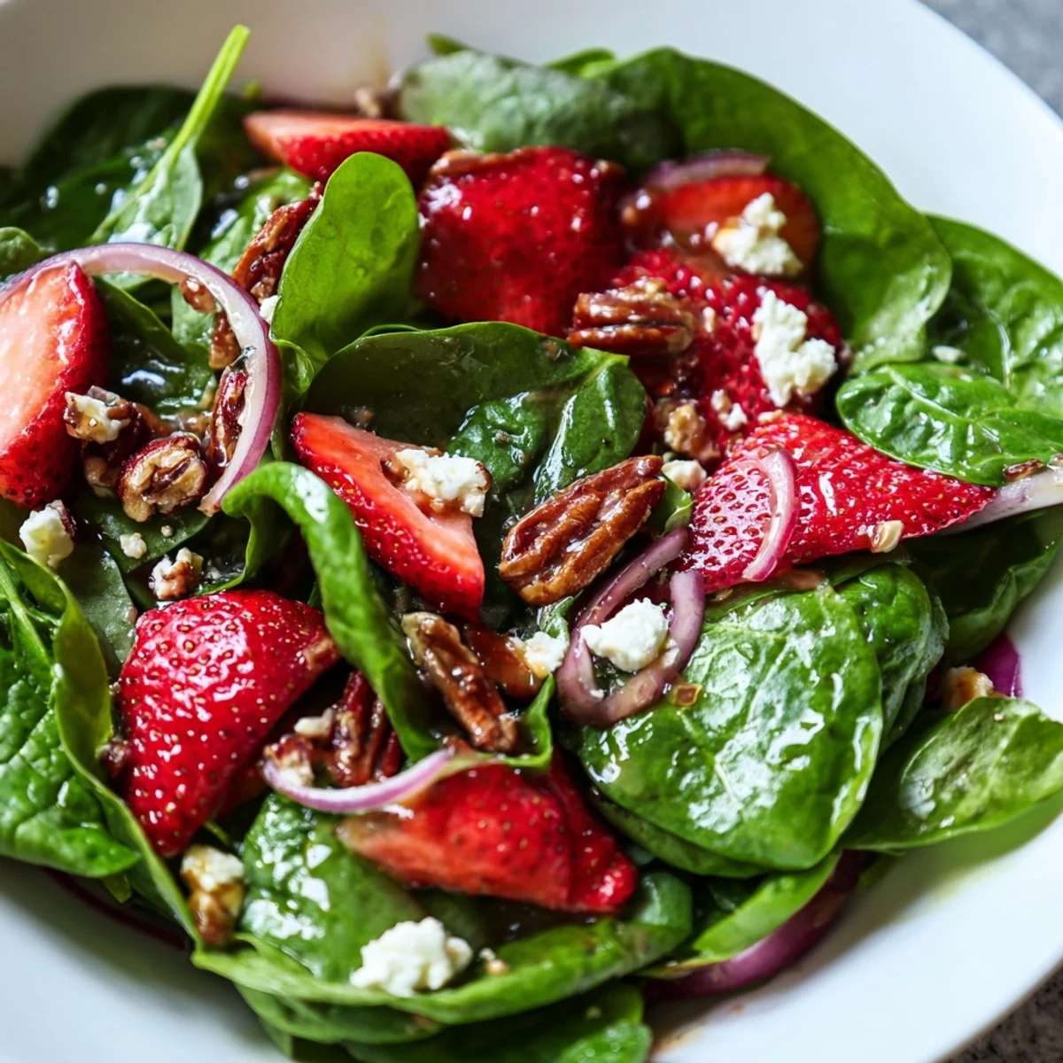 Spinach strawberry salad topped with toasted pecans and crumbled goat cheese on a white plate