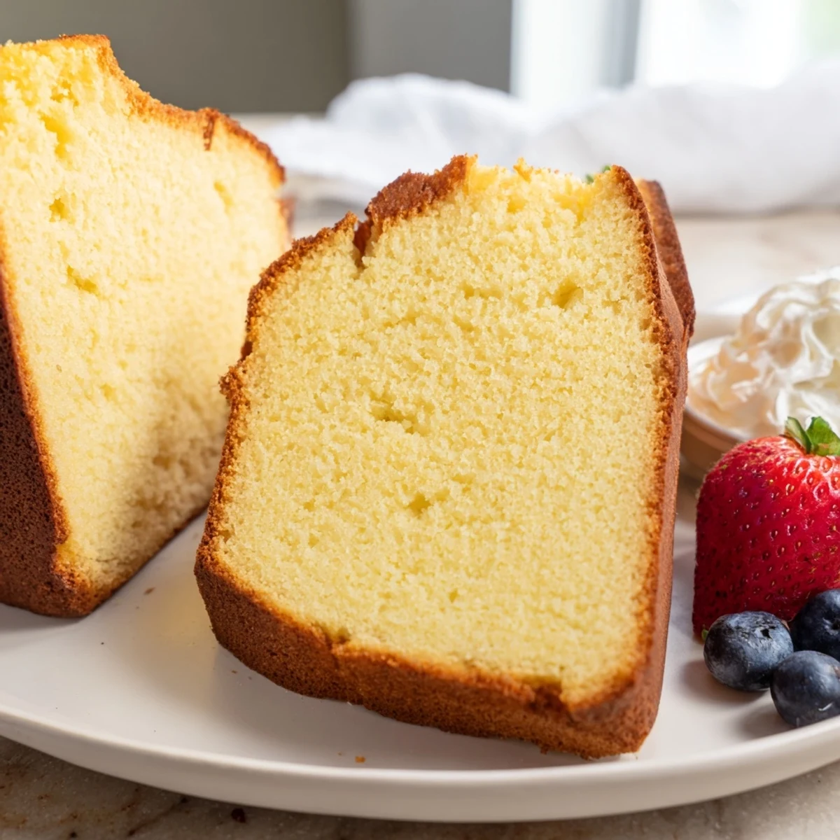 Classic homemade pound cake with a buttery golden crust fresh from the oven