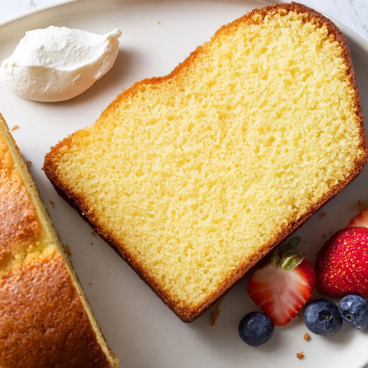 Golden pound cake slice with a tender crumb served on a rustic white plate