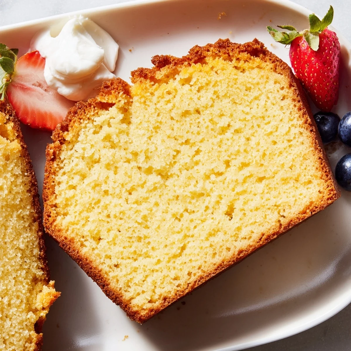 Thick slice of rich pound cake topped with fresh strawberries and whipped cream