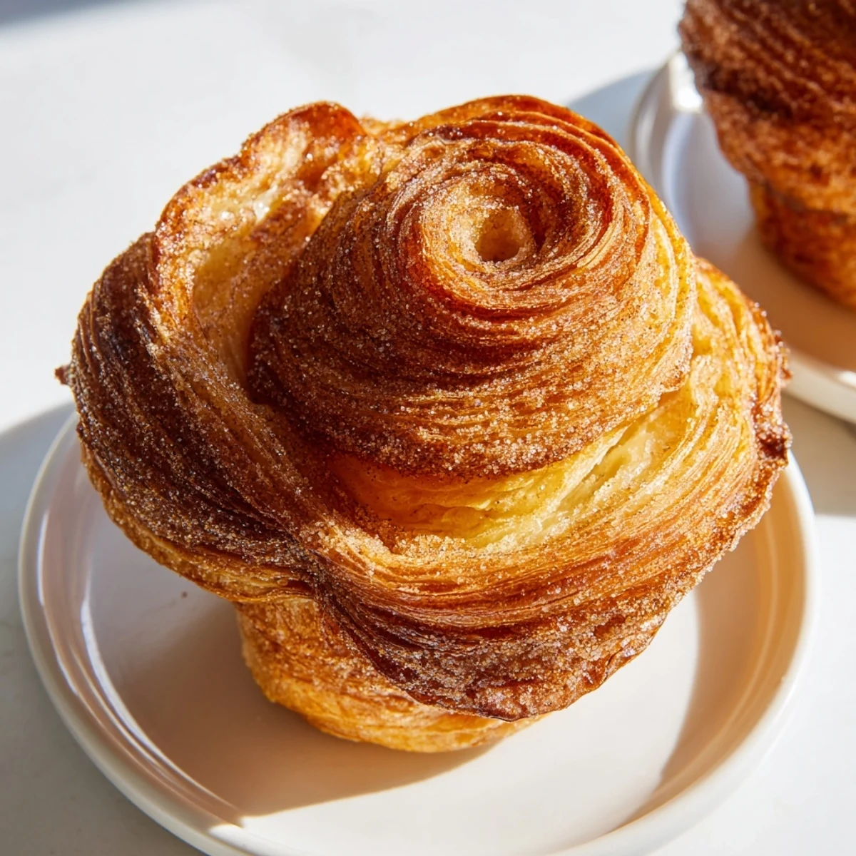 Warm cruffins coated in cinnamon sugar showing buttery spiral pastry layers