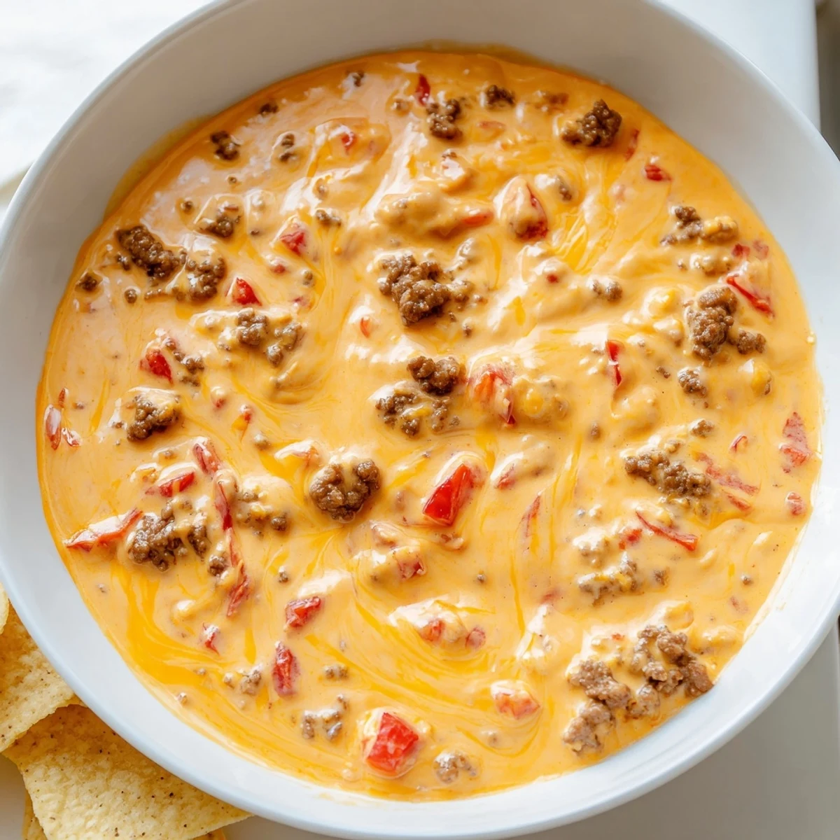 Creamy Rotel dip recipe served hot with golden tortilla chips for dipping