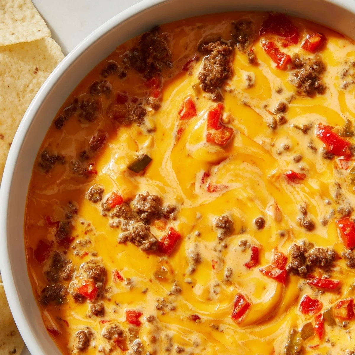 Steaming bowl of cheesy Rotel dip recipe topped with fresh jalapeños