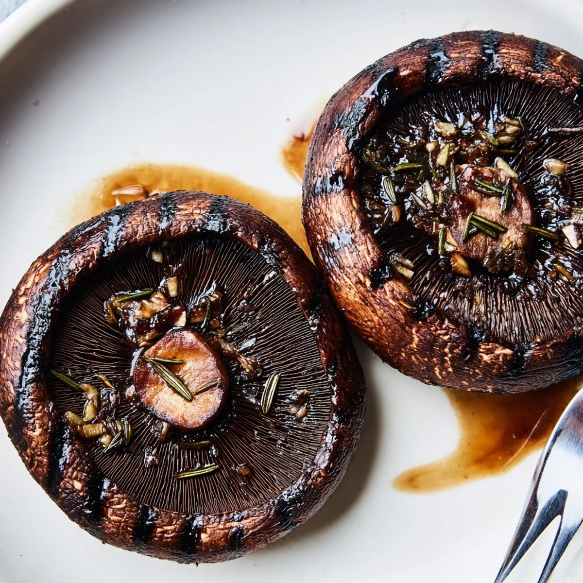 Juicy grilled Portobello steaks with rich balsamic glaze plated on a rustic wooden board