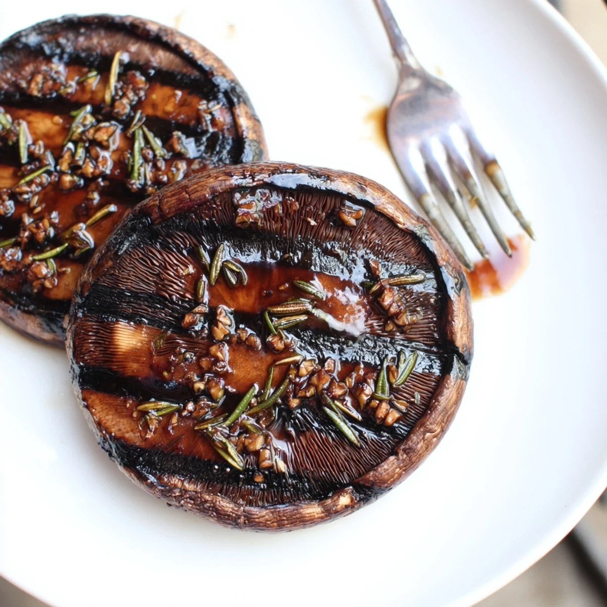 Smoky Portobello steaks recipe featuring tender charred mushroom caps with fresh rosemary garnish