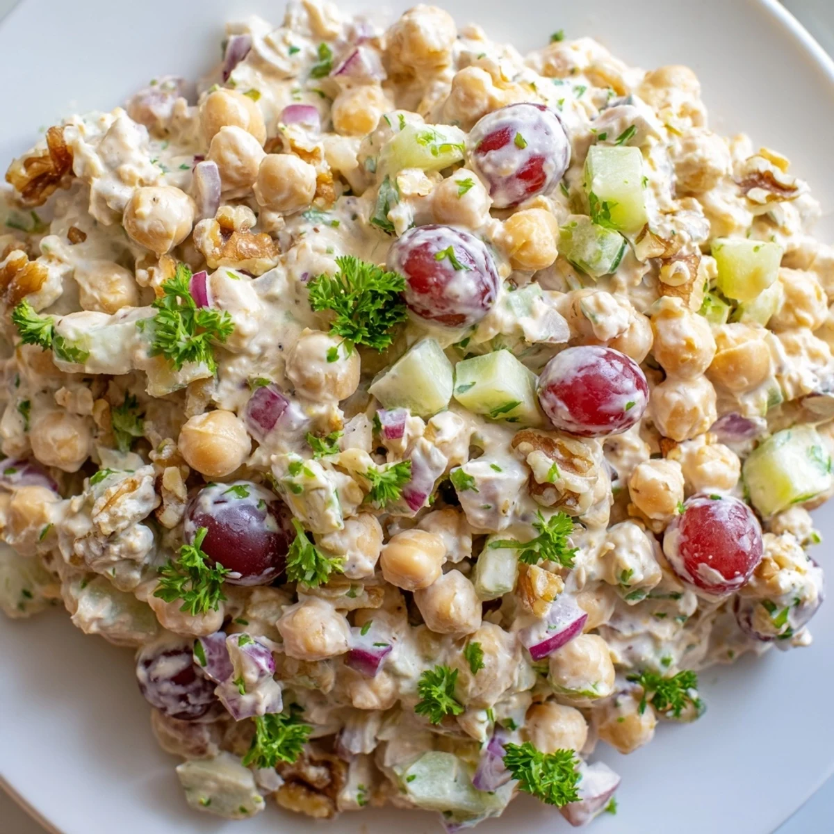 Spoonful of vegan chicken salad served over leafy greens with crunchy walnuts and parsley