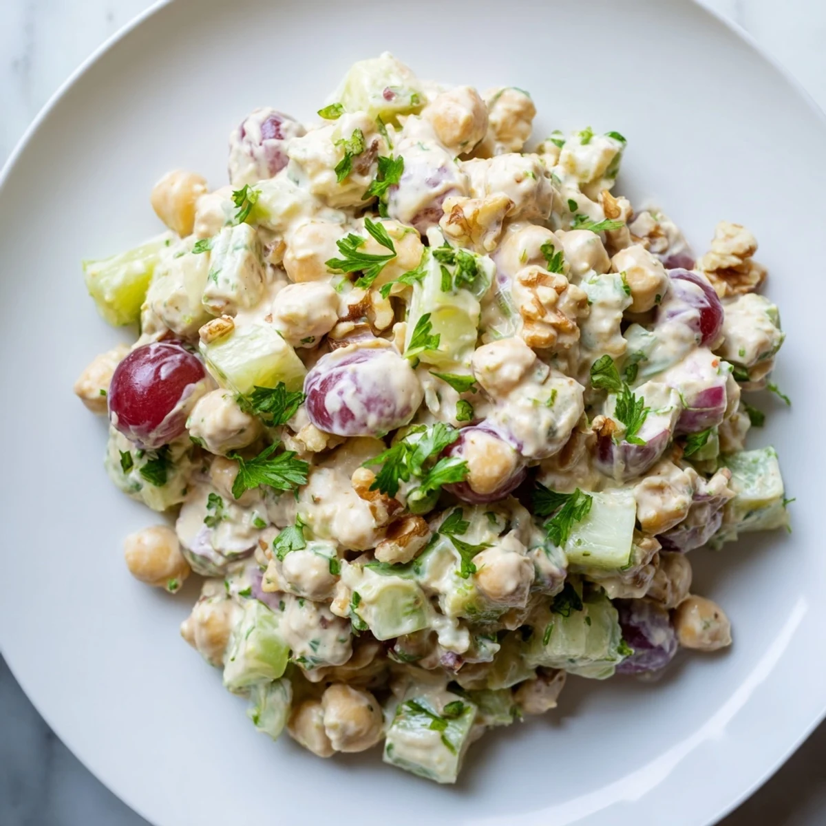 Vegan chicken salad in a bowl studded with grapes, chickpeas, and creamy dairy-free dressing