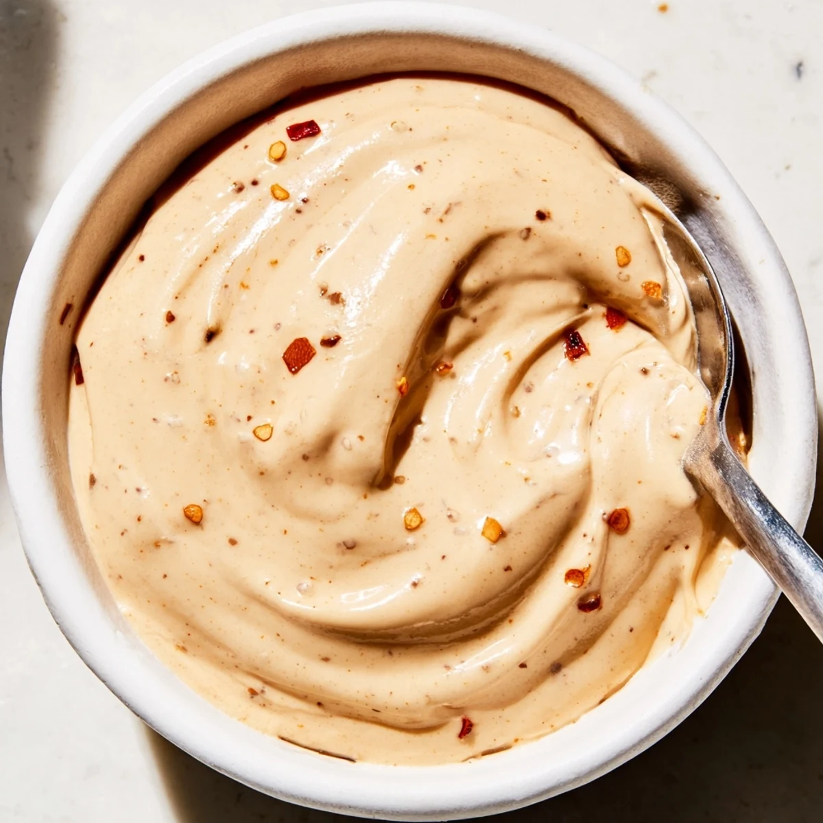 Smooth chili lime tahini sauce in a bowl with roasted vegetables