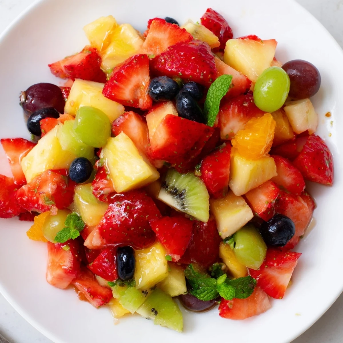Colorful fruit salad with honey lime dressing glistening on fresh ripe berries and tropical mango chunks