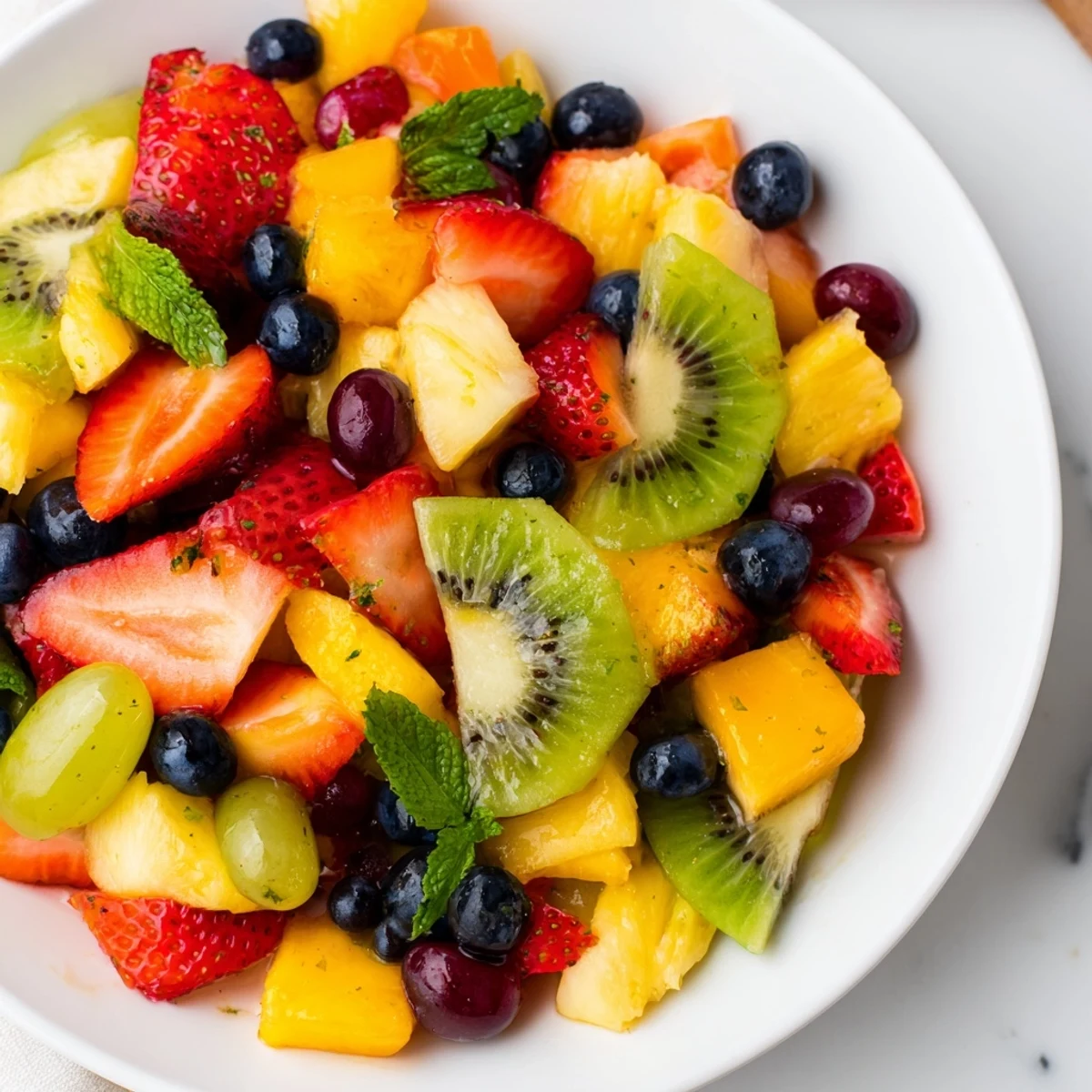 Bright summer fruit salad with honey lime dressing served in a rustic white bowl