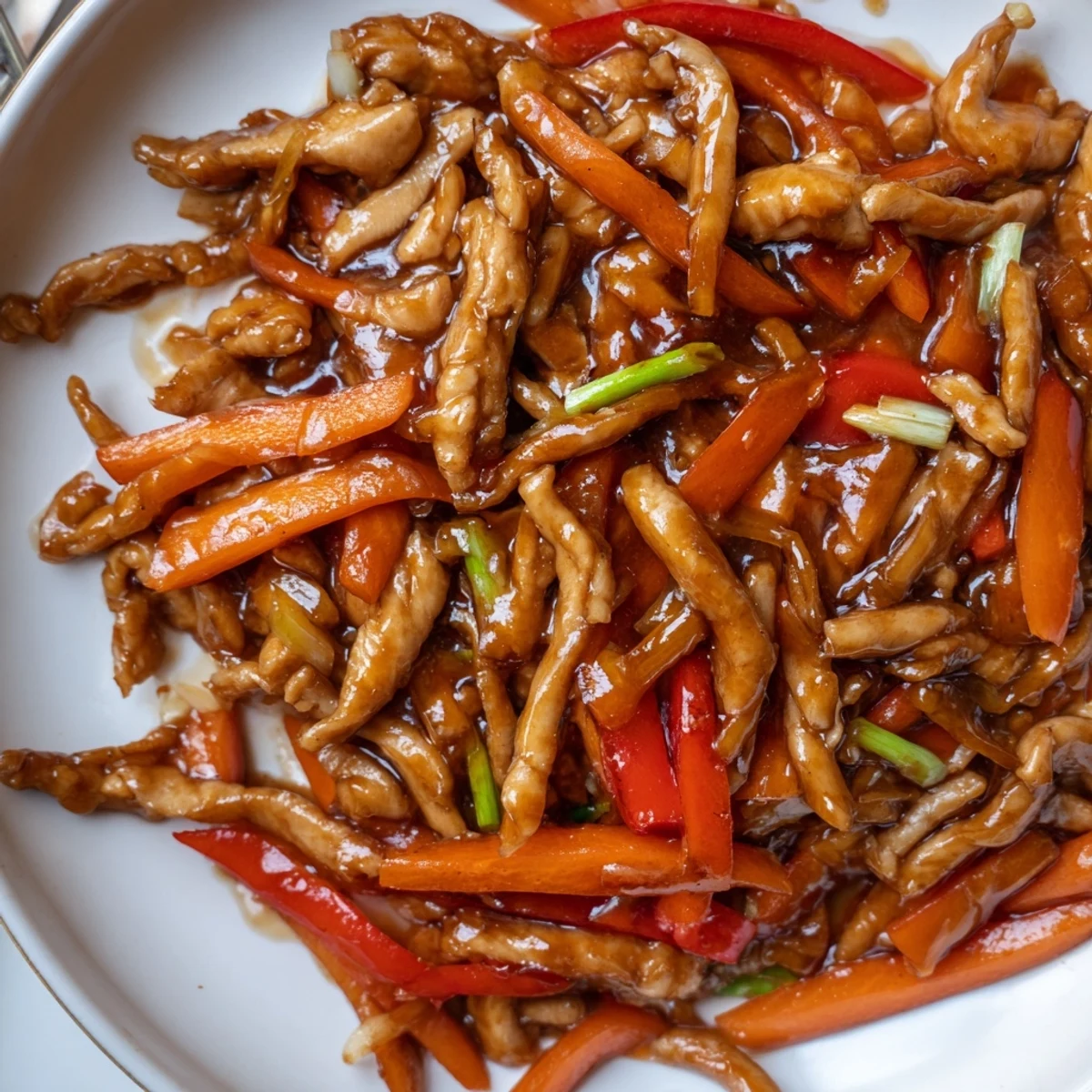 Tender stir fried Chinese garlic chicken glistening with savory garlicky sauce and crisp vegetables