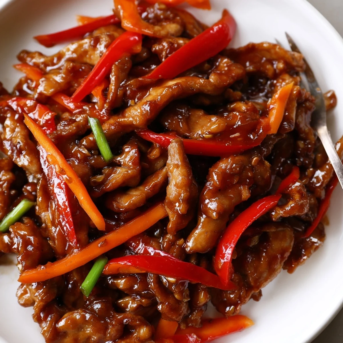 Golden stir fried Chinese garlic chicken tossed with fresh vegetables in a rich aromatic glaze