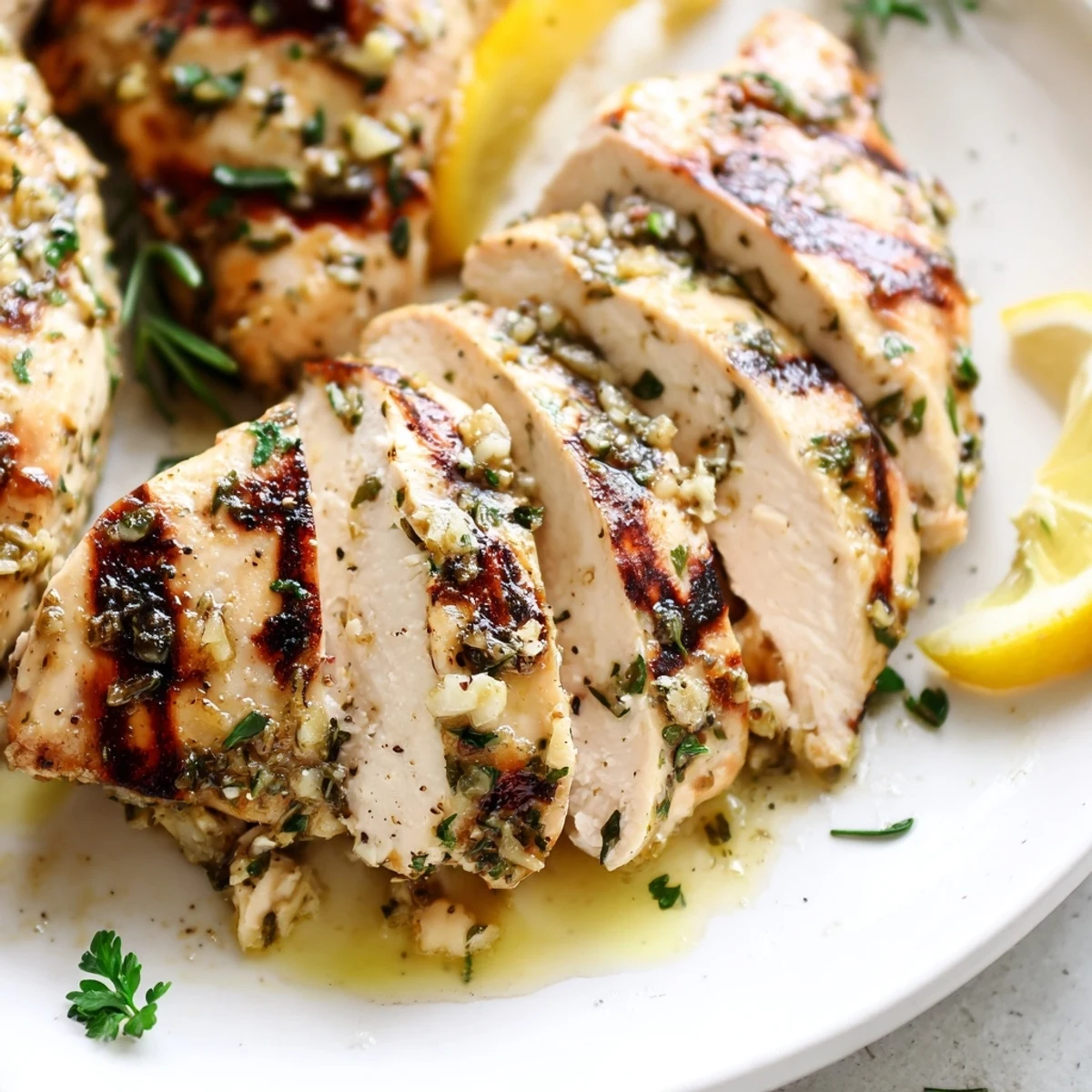 Golden savory garlic herb chicken plated with fresh parsley and lemon wedges