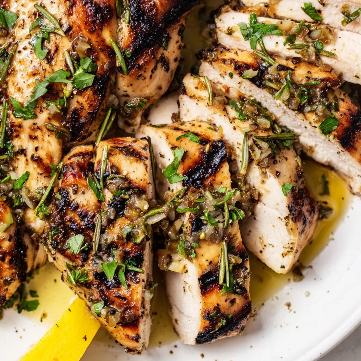 Juicy savory garlic herb chicken glistening with olive oil and chopped herbs on a white platter