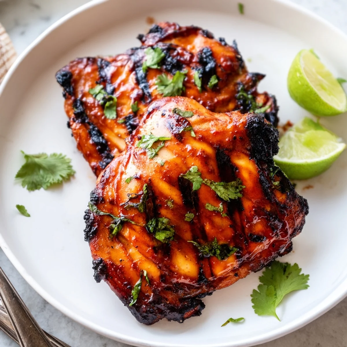 Charred Sweet N Spicy Grilled Chicken Thighs with caramelized honey glaze resting on a rustic wooden cutting board