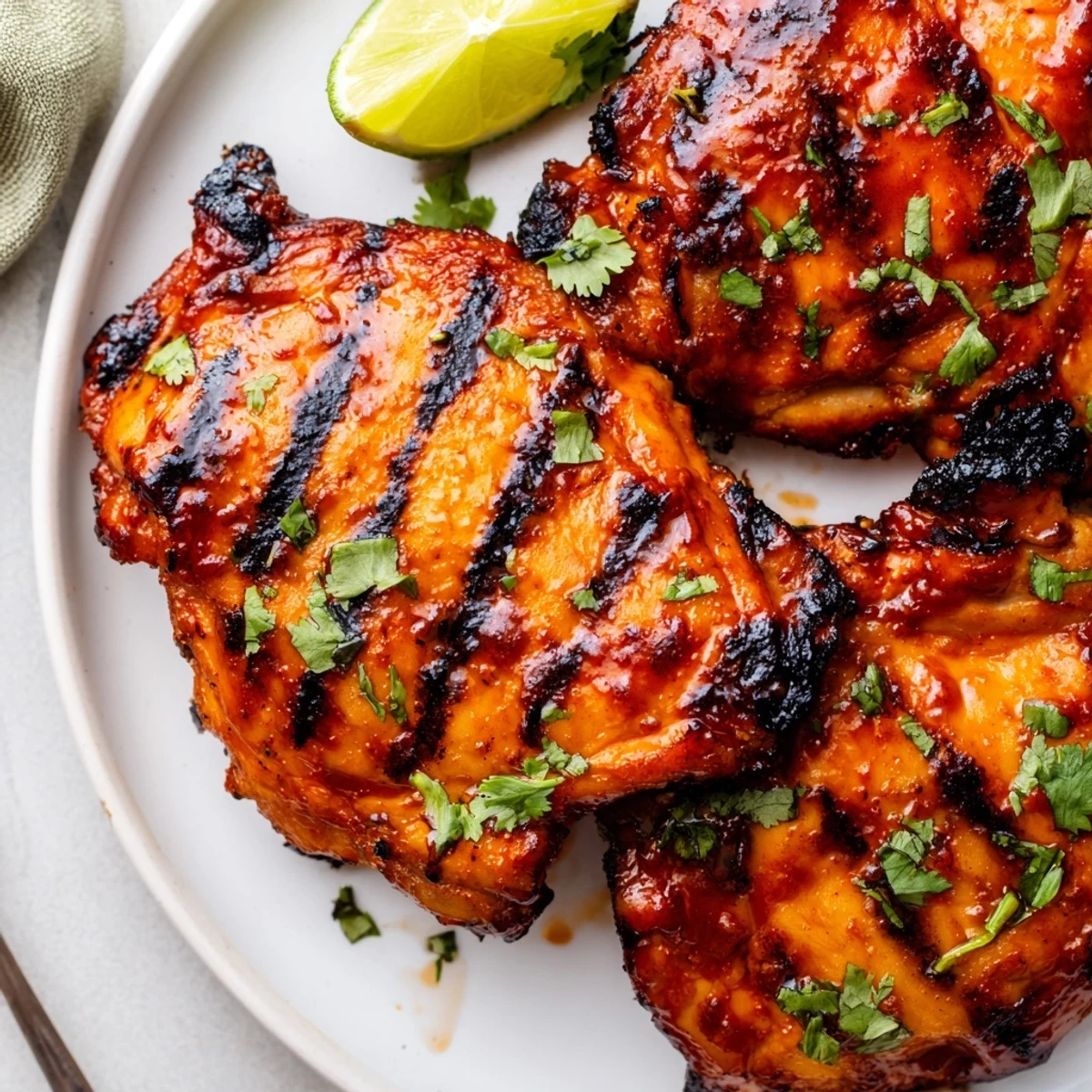 Juicy Sweet N Spicy Grilled Chicken Thighs garnished with fresh cilantro and bright lime wedges on a platter