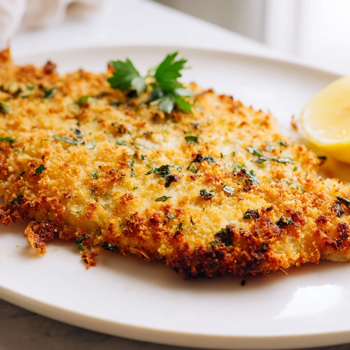 Golden crispy Herbed Parmesan Chicken served on a rustic white dinner plate
