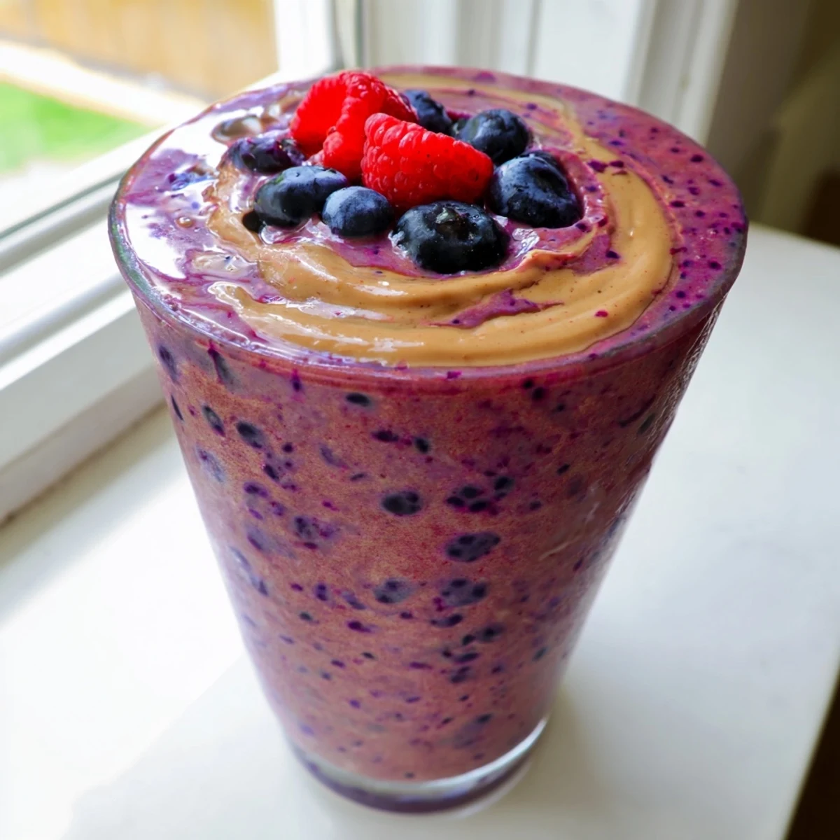 Creamy peanut butter berry smoothie poured into two tall glasses with fresh strawberry garnish