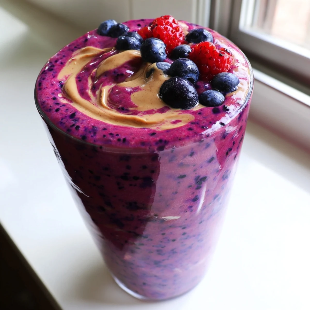 Thick purple peanut butter berry smoothie swirled in a mason jar topped with blueberries