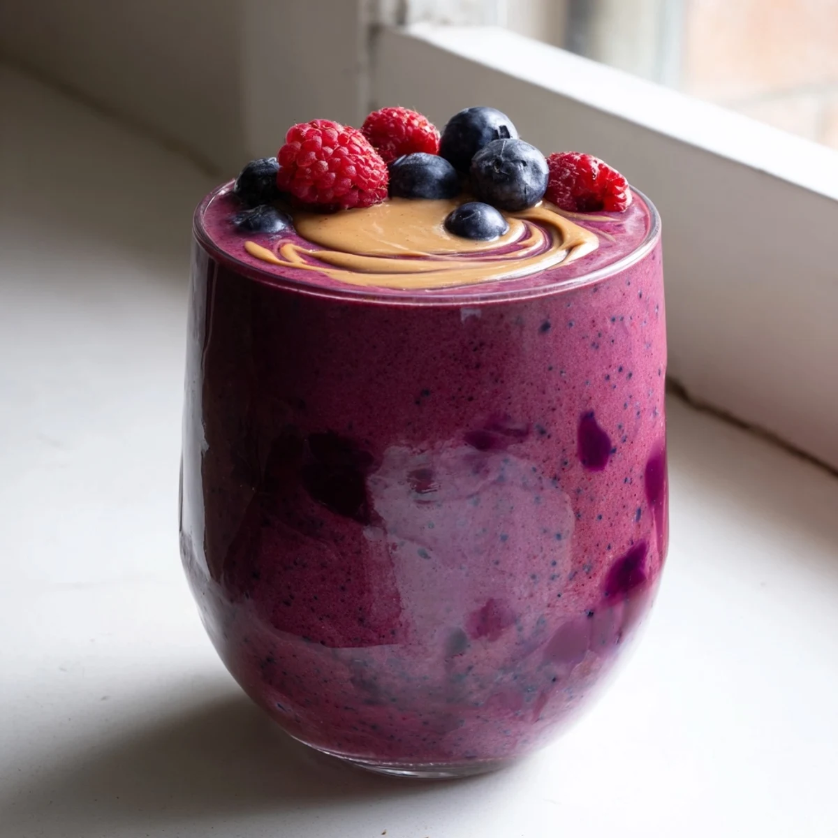 Frosty peanut butter berry smoothie in a glass with a drizzle of honey on top