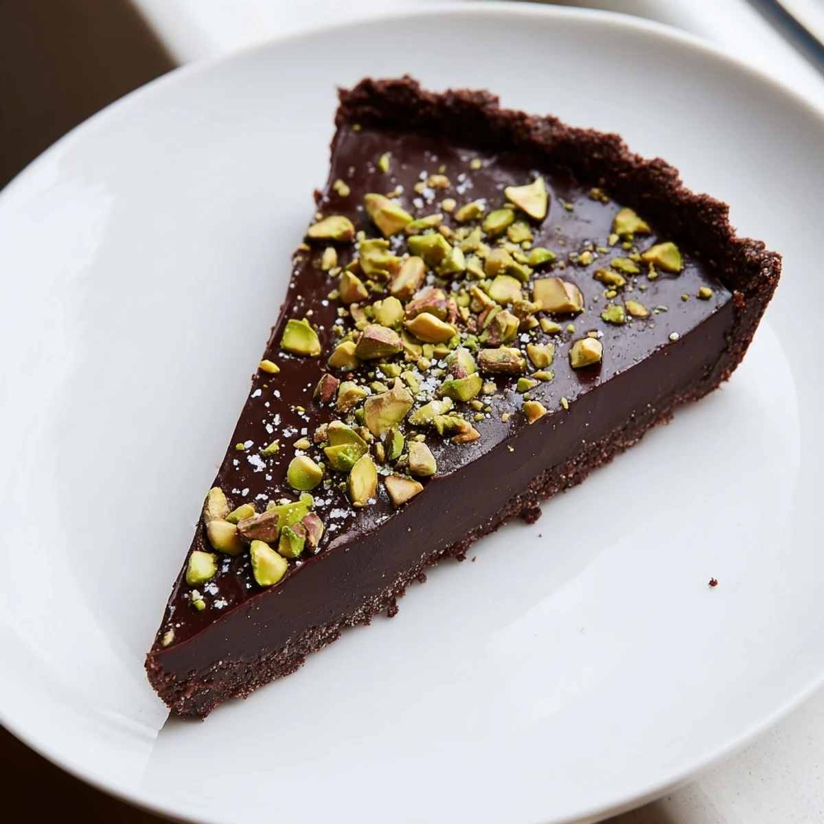 Creamy dark chocolate pistachio tart sliced on a rustic wooden board with chopped nuts