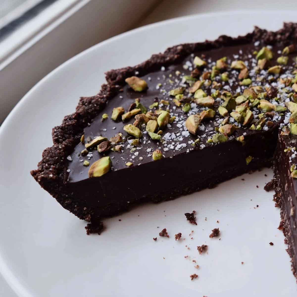 Rich dark chocolate pistachio tart garnished with crunchy nuts and a hint of sea salt