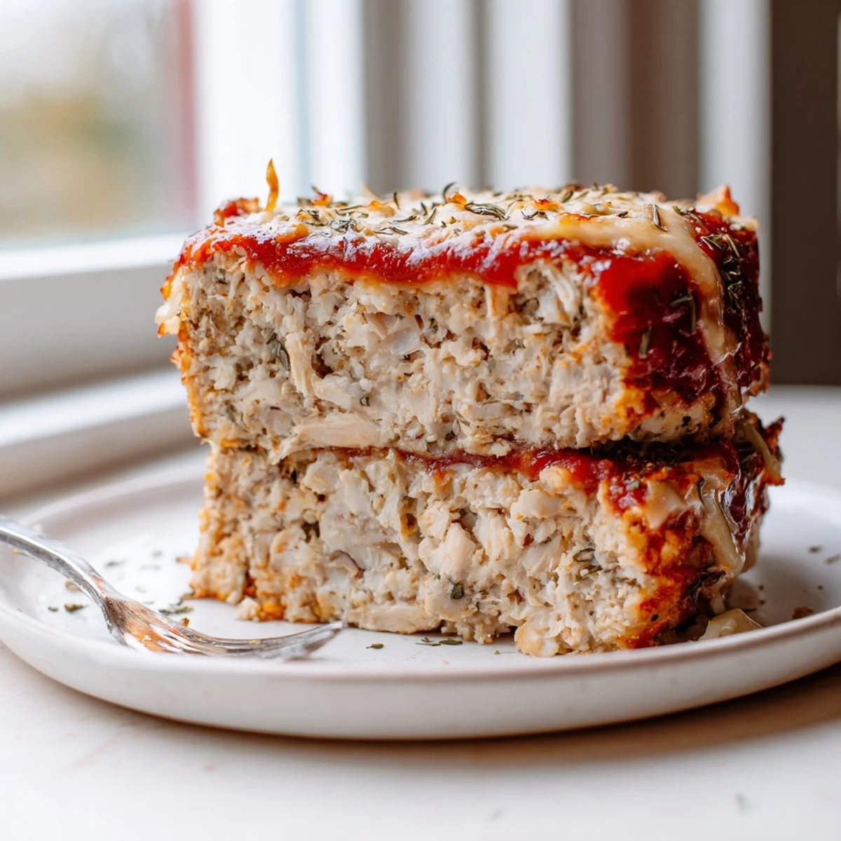 Golden Parmesan chicken meatloaf sliced thick with tangy tomato glaze on a rustic plate
