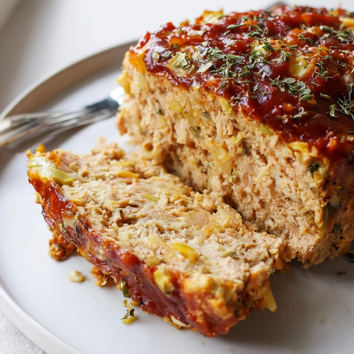 Juicy Parmesan chicken meatloaf fresh from the oven topped with melted cheese and herbs