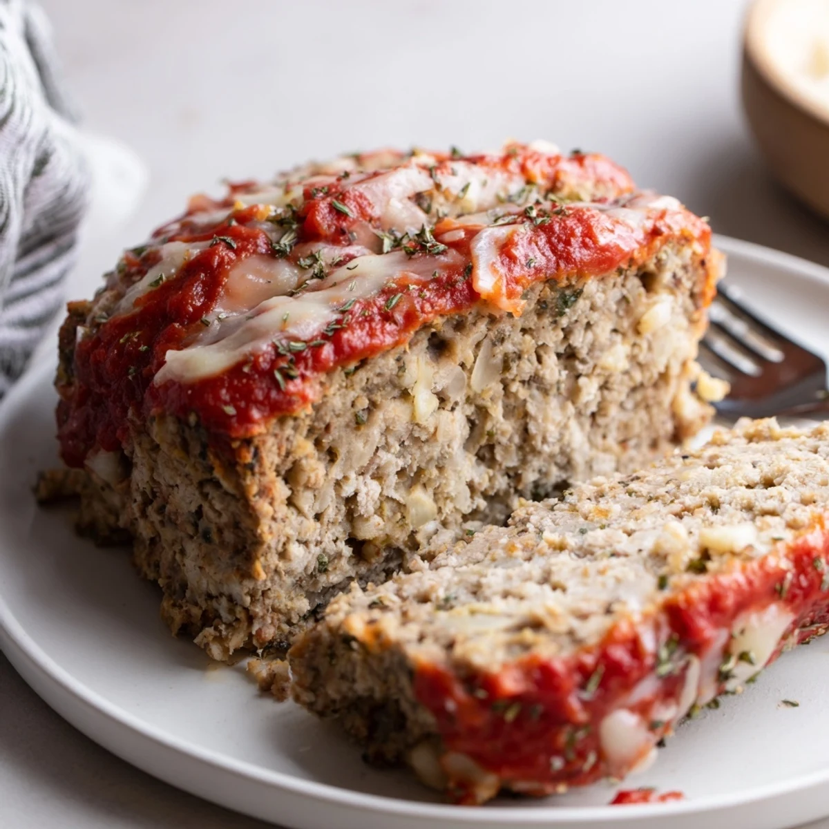 Hearty Parmesan chicken meatloaf served with creamy mashed potatoes and a vibrant side salad