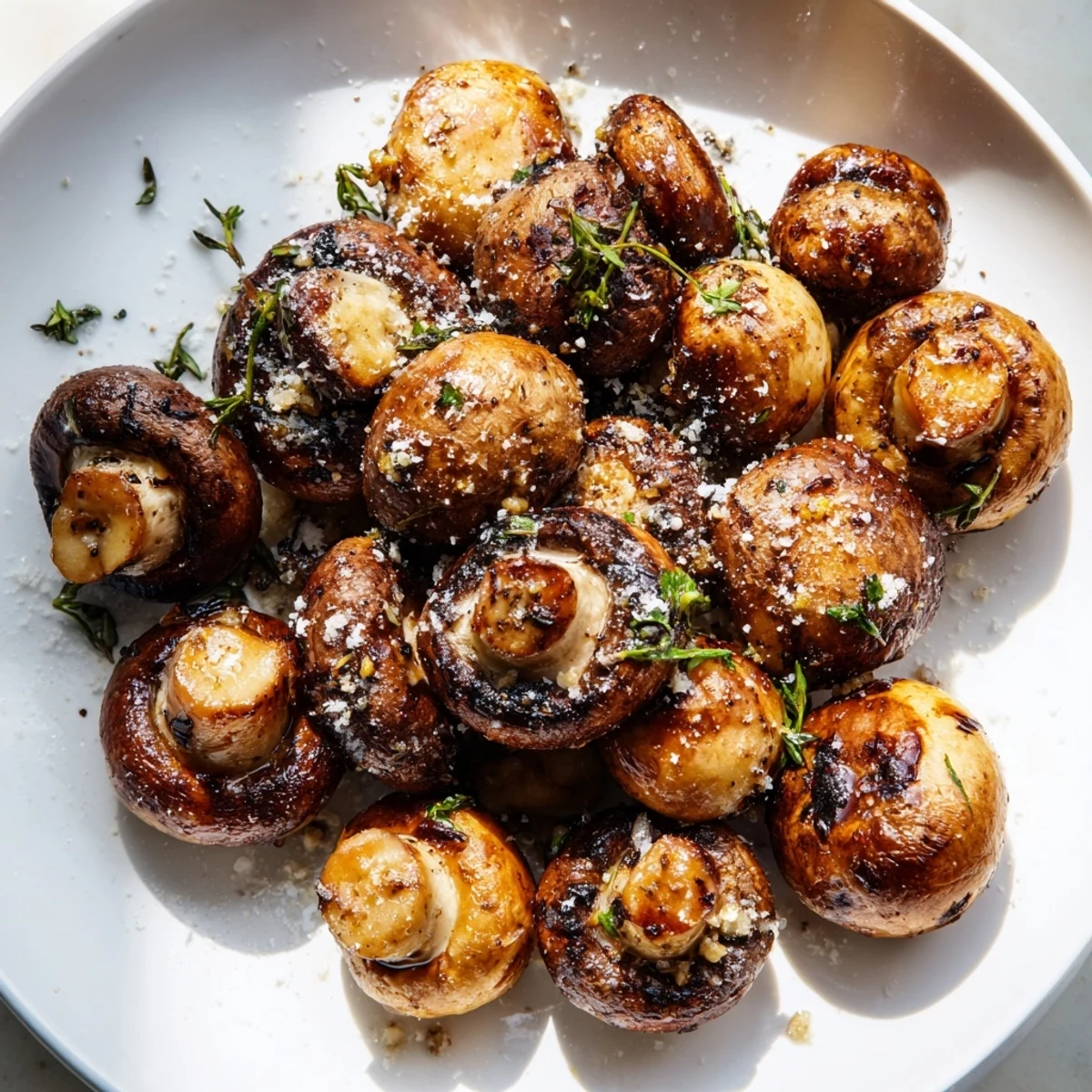 Golden sautéed grilled garlic mushrooms glistening with herb-infused olive oil on a rustic plate.