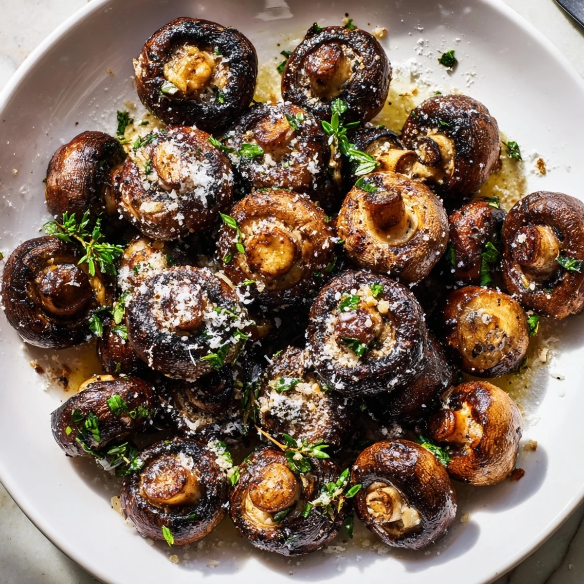 Charred grilled garlic mushrooms tossed with fresh thyme and minced garlic in skillet.