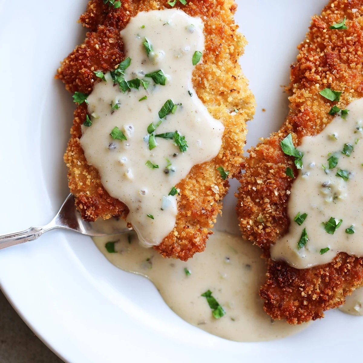 Golden crispy Parmesan chicken drizzled with rich, creamy garlic sauce on a white plate