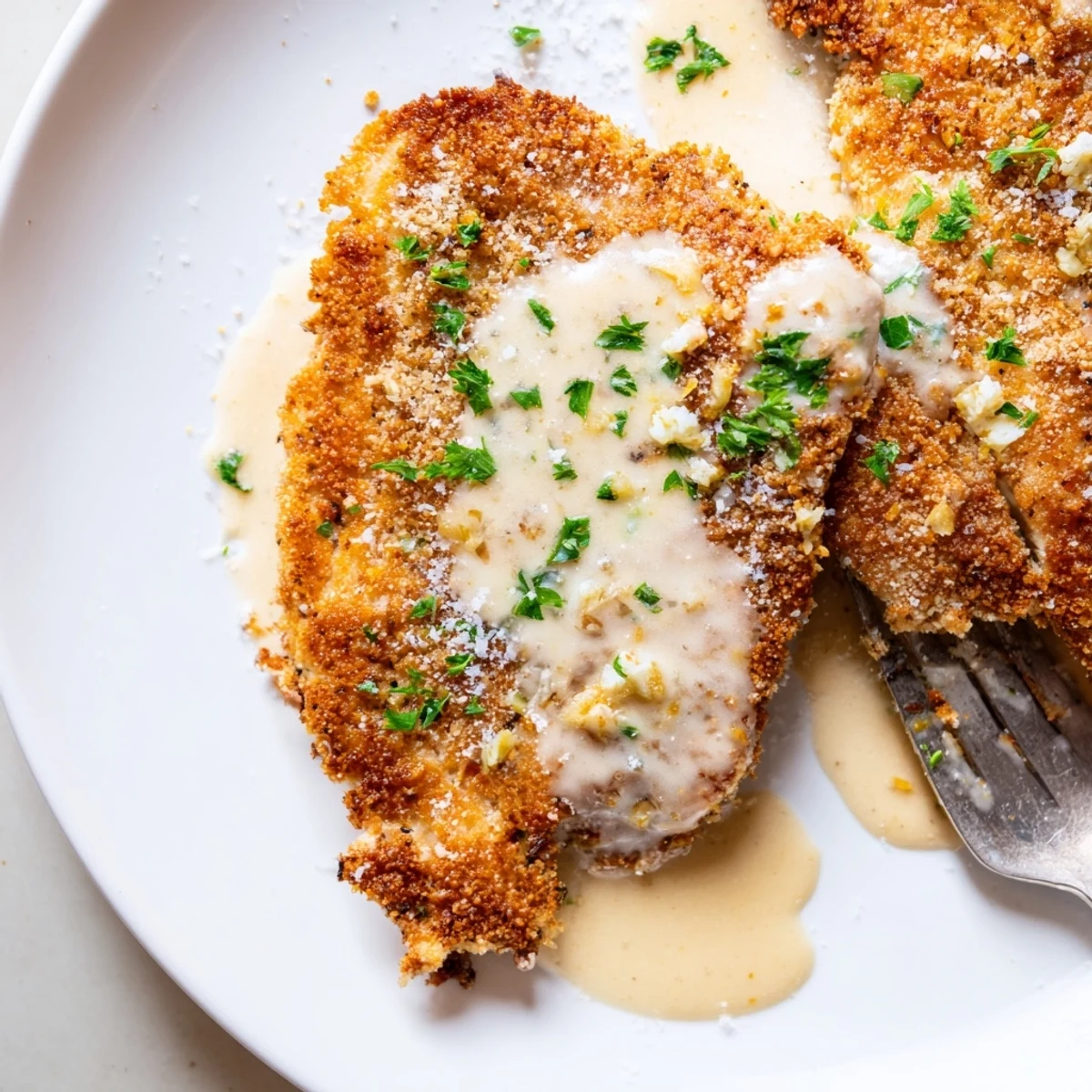 Crispy Parmesan chicken with creamy garlic sauce served over buttery mashed potatoes