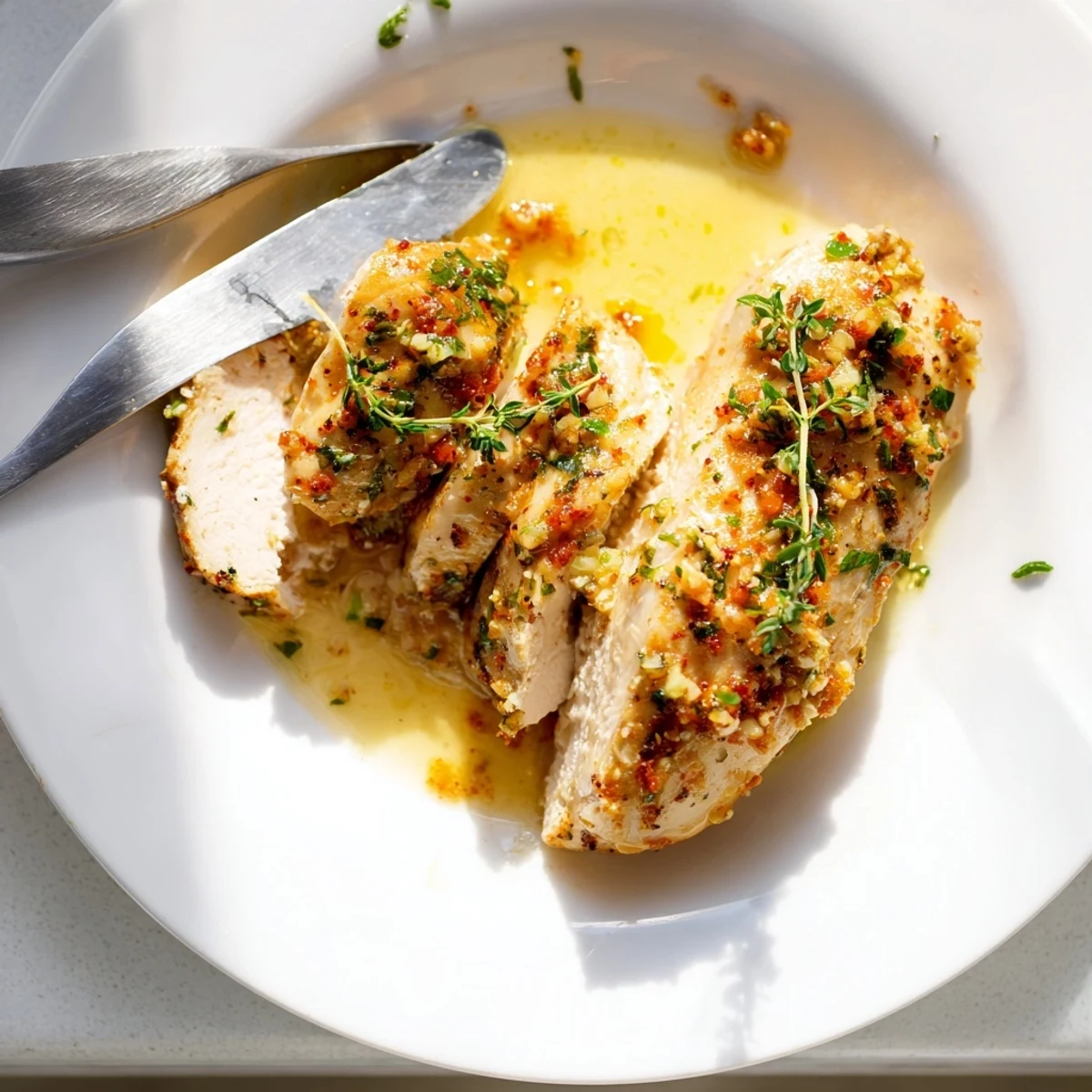 Golden garlic butter baked chicken breast with fresh parsley and lemon wedges on a white plate